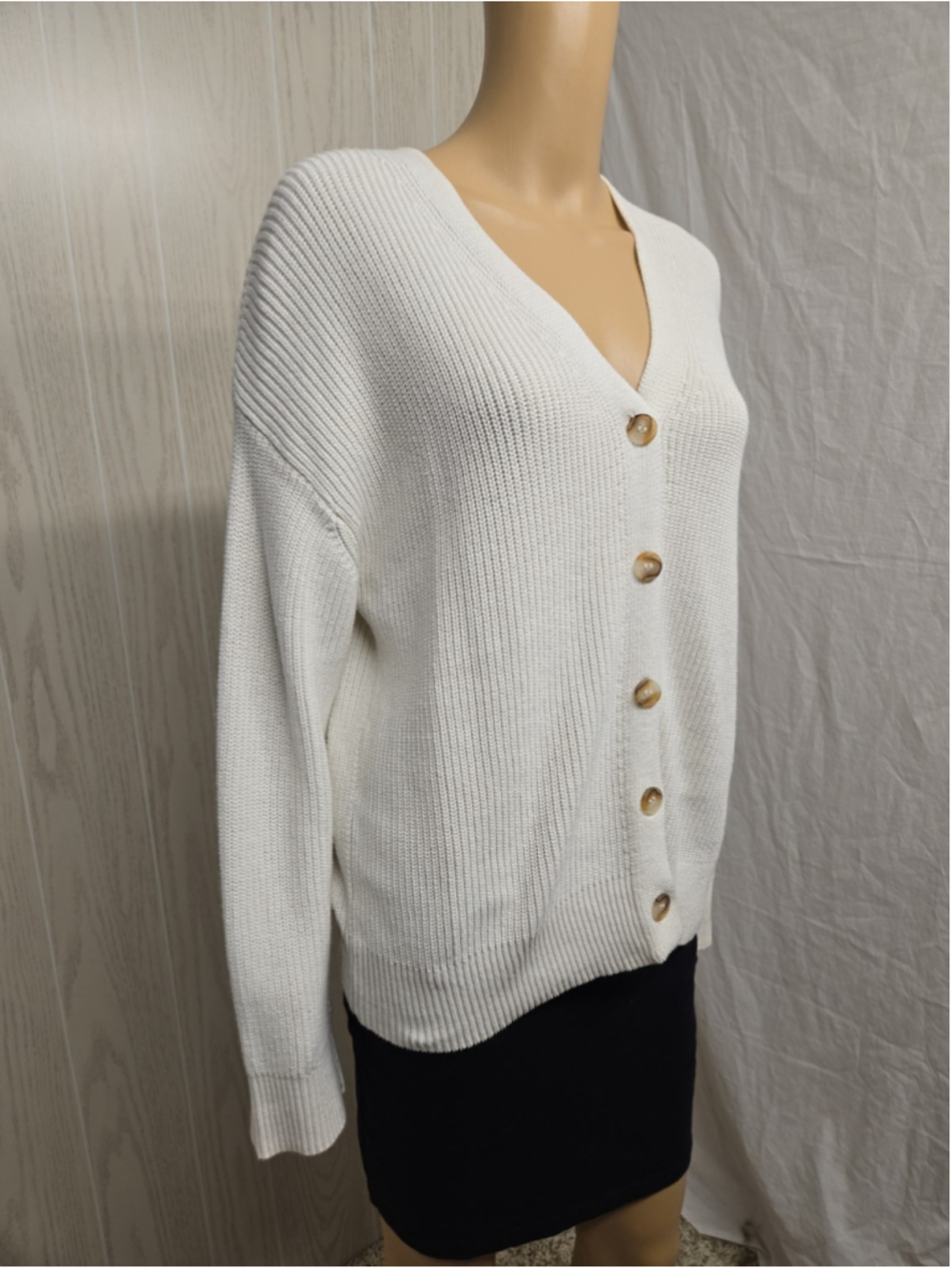 Hudson Medium Cream Oversized Ribbed Cotton Cardigan Tortoiseshell Button - Picture 7 of 9